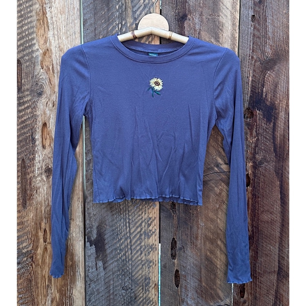 Wild Fable Womens Long Sleeve Crop Top Sunflower Embroidered‎ Gray Size S